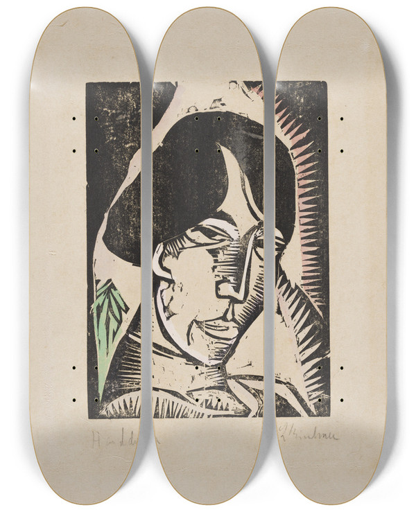 Triptych art skateboard deck of Ernst Ludwig Kirchner Head Of Erna by Ernst Ludwig Kirchner (1880-1938)