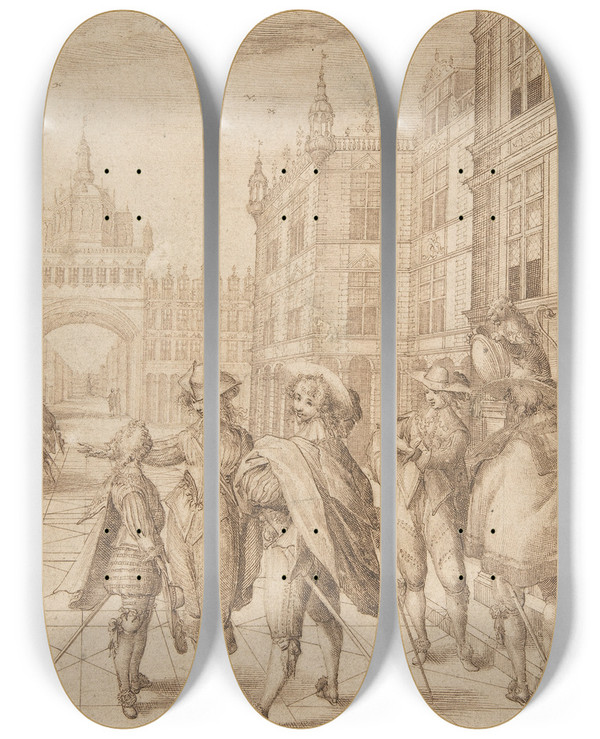 Triptych art skateboard deck of Jean De Saintigny Cavaliers In A City Square by Jean de Saint-Igny (1600-1647)