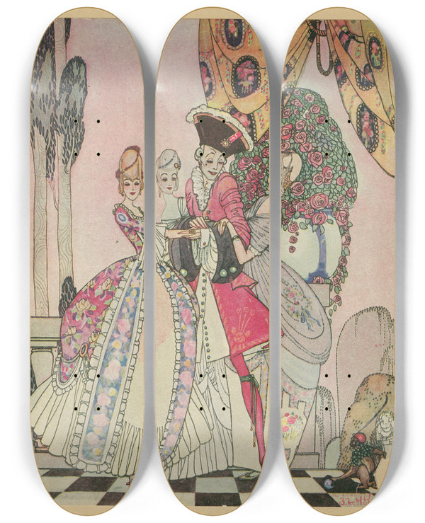 Triptych art skateboard deck of Kay Rasmus Nielsen Twelve Dancing Princesses by Kay Rasmus Nielsen (1886-1957)