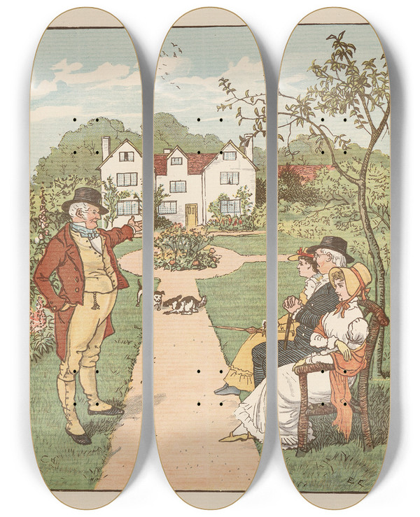 Triptych art skateboard deck of Randolph Caldecott The House That Jack Built Pl2 by Randolph Caldecott (1846-1886)
