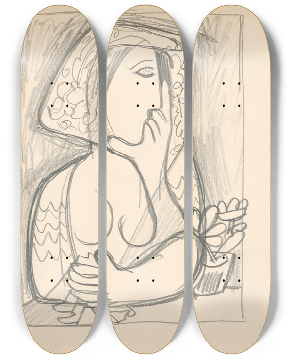 Triptych art skateboard deck of Mikul Galanda Ena S Kvetinom by Mikulas Galanda (1895-1938)