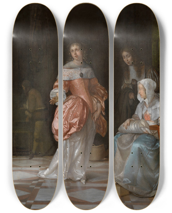 Triptych art skateboard deck of Eglon Van Der Neer The Visit To The Nursery by Eglon van der Neer (1635-1703)