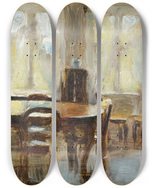 Triptych art skateboard deck of Vilhelm Hammershi Spisestue by Vilhelm Hammershoi (1864-1916)