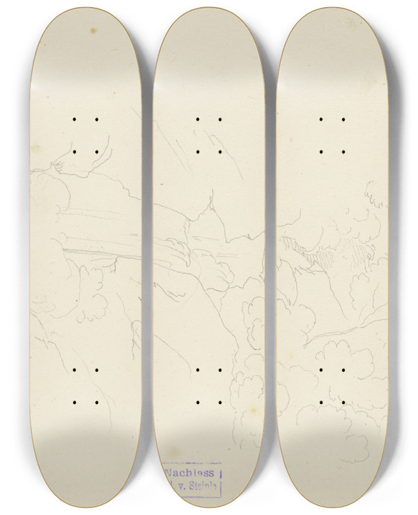 Triptych art skateboard deck of Fritz Bamberger Waterfall by Fritz Bamberger (1814-1873)
