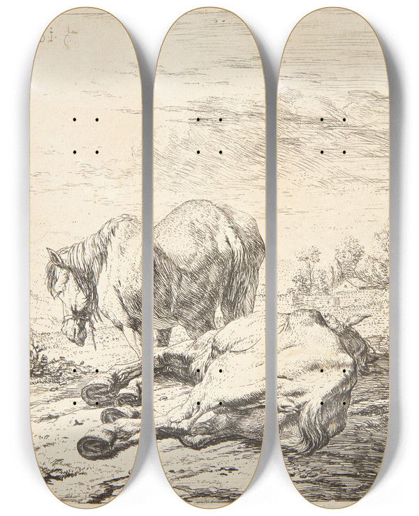 Triptych art skateboard deck of Karel Dujardin To Heste by Karel Dujardin (1622-1678)