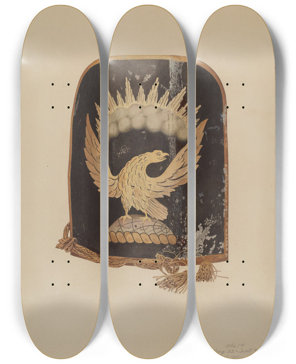 Triptych art skateboard deck of Henry Murphy Firemans Hat Shield by Henry Murphy