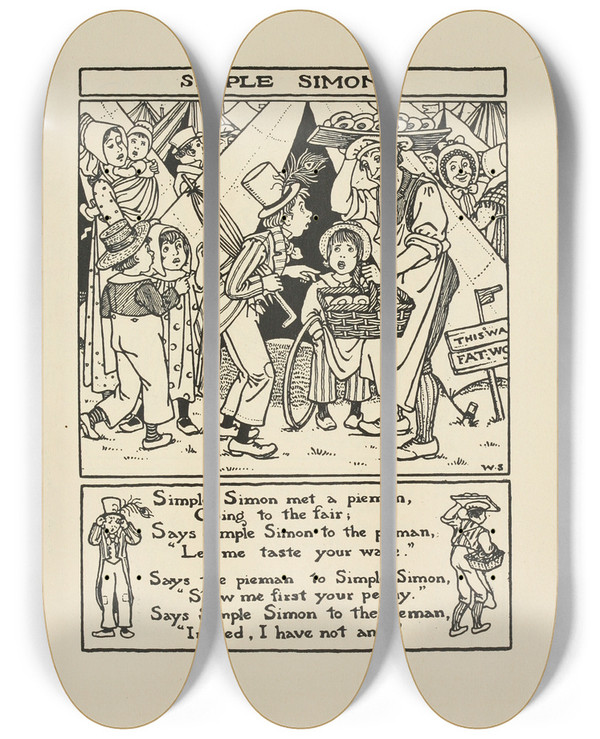 Triptych art skateboard deck of Winifred Smith Simple Simon by Winifred Smith (19-)