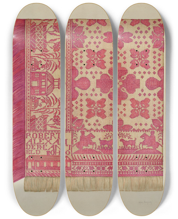 Triptych art skateboard deck of Helen Bronson Woven Coverlet_2 by Helen Bronson
