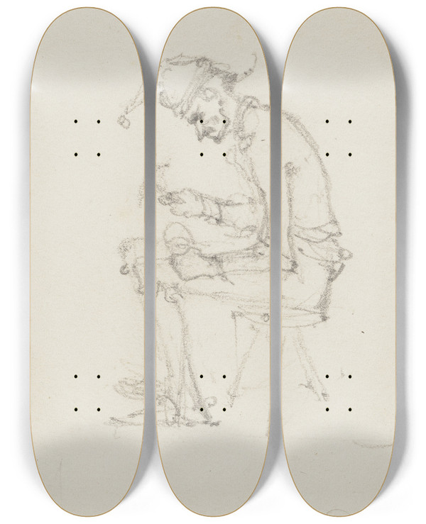 Triptych art skateboard deck of Jakob Frchtegott Dielmann An Old Shoemaker by Jakob Furchtegott Dielmann (1809-1885)