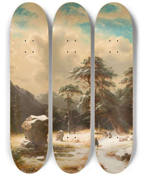 Triptych art skateboard deck of Carl Ludwig Scheins Winter Atmosphere by Carl Ludwig Scheins (1808-1879)