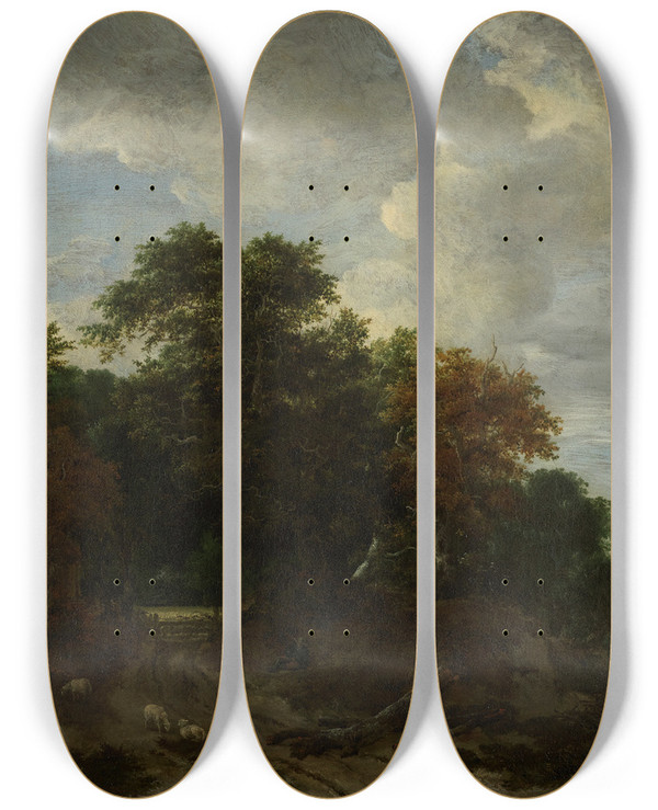 Triptych art skateboard deck of Jacob Van Ruisdael Forest Landscape by Jacob Van Ruisdael (1628-1682)