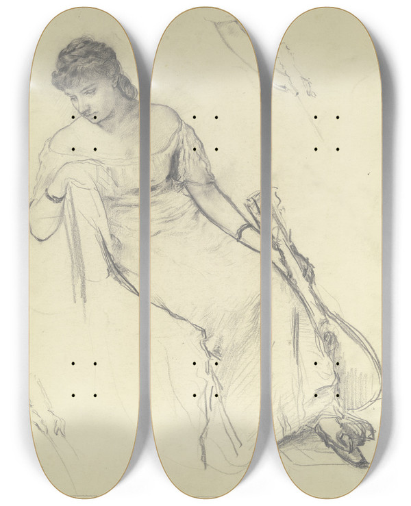 Triptych art skateboard deck of Otto Scholderer Sitzende Frau Mit Mandoline_2 by Otto Scholderer (1834-1902)