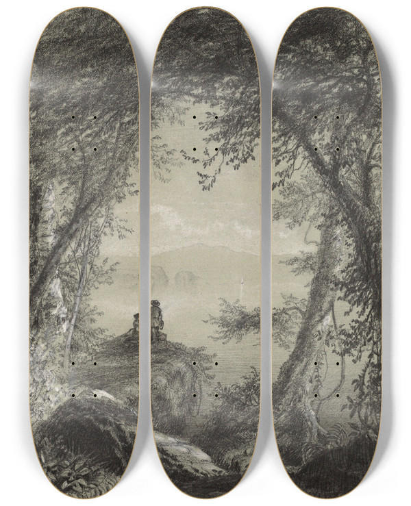 Triptych art skateboard deck of Richard William Hubbard Lake George by Richard William Hubbard (1816-1888)