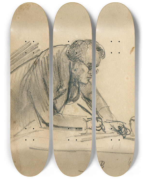 Triptych art skateboard deck of David Bles Man Writing by David Bles (1821-1899)