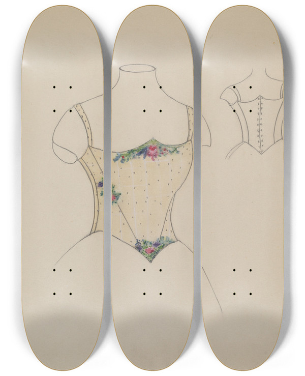 Triptych art skateboard deck of Margaret Knapp Bodice by Margaret Knapp