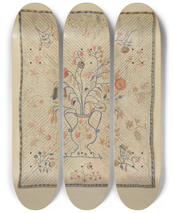 Triptych art skateboard deck of Isabelle De Strange Crewel Wall Hanging by Isabelle De Strange