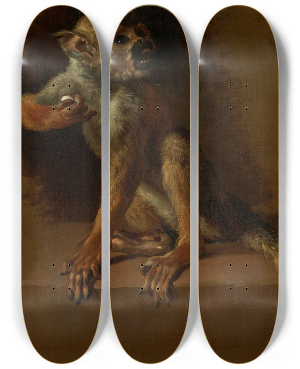 Triptych art skateboard deck of Jan Weenix A Seated Monkey by Jan Weenix (1641-1719)