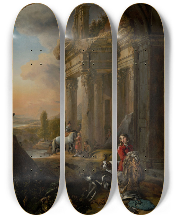 Triptych art skateboard deck of Jan Baptist Weenix After The Hunt by Jan Baptist Weenix (1621-1660)