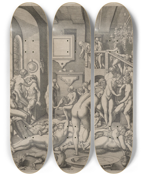 Triptych art skateboard deck of Virgil Solis Bathing Room Bath Of The Anabaptists by Virgil Solis (1514-1562)