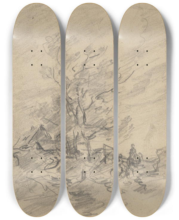Triptych art skateboard deck of Anton Burger Heimkehrende Figuren In Windiger Landschaft by Anton Burger (1824-1905)