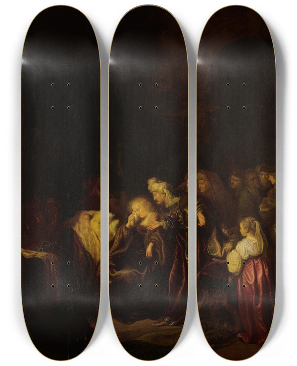 Triptych art skateboard deck of Salomon Koninck David And Bathsheba Mourning Their Dead Son_2 by Salomon Koninck (1609-1656)