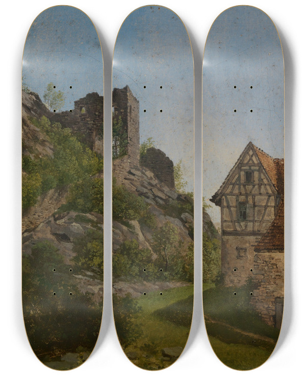 Triptych art skateboard deck of Georg Wilhelm Issel Ruine Mit Haus by Georg Wilhelm Issel