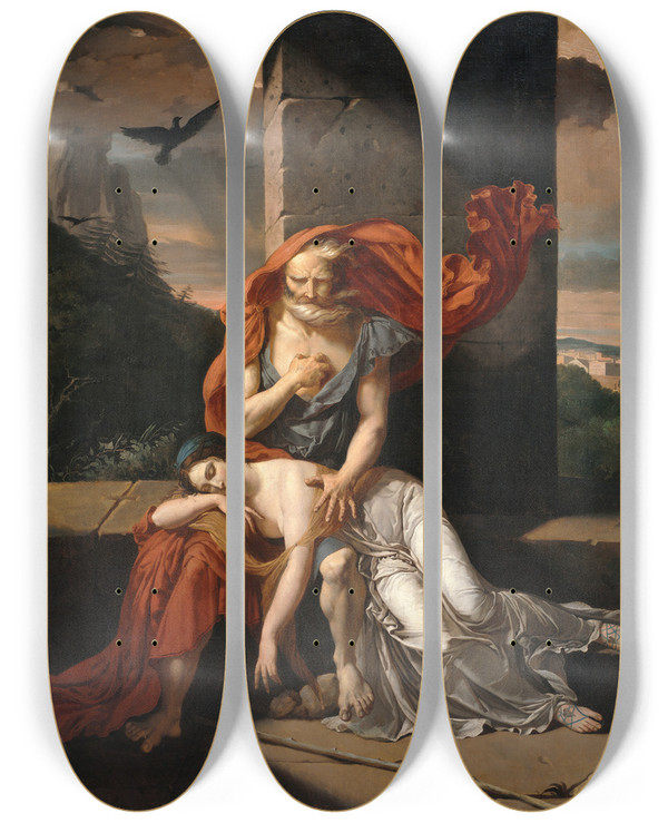 Triptych art skateboard deck of Fulchran Jean Harriet Oedipus At Colonus by Fulchran Jean Harriet (1778-1805)
