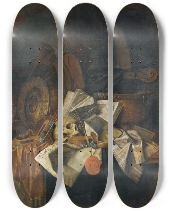 Triptych art skateboard deck of Franciscus Gijsbrechts A Vanitas Still Life With A Skull A Shield An Hour Glass Books And Papers On A Tabletop by Franciscus Gijsbrechts (1649-1677)