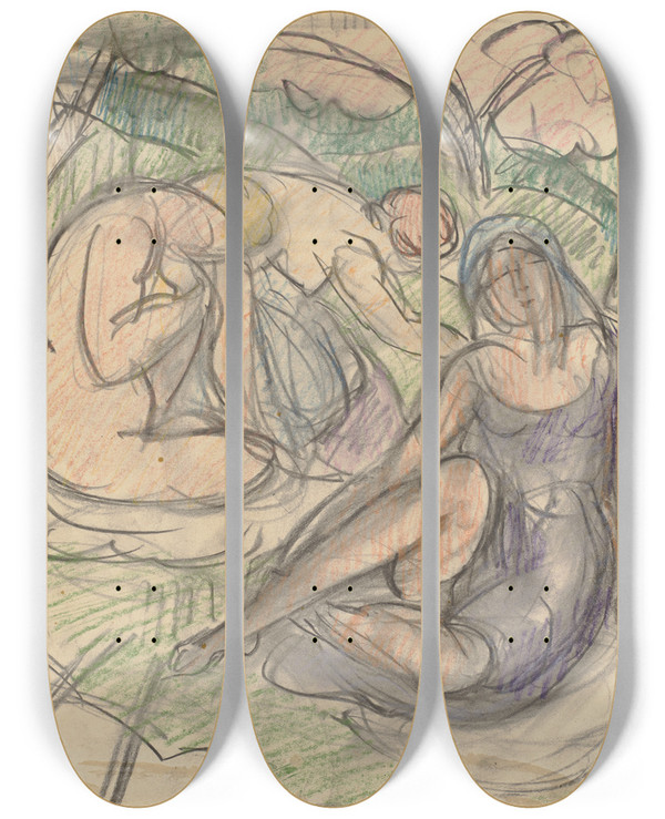 Triptych art skateboard deck of Hermann Lismann Three Women by Hermann Lismann (1878-1943)