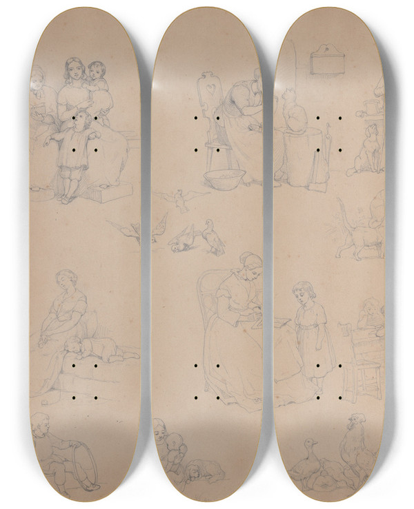 Triptych art skateboard deck of Thomas Vilhelm Petersen Sketch Sheet Of Illustrations by Thomas Vilhelm Petersen (1820-1859)