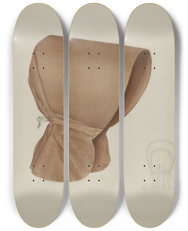 Triptych art skateboard deck of Elizabeth Moutal Shaker Bonnet by Elizabeth Moutal