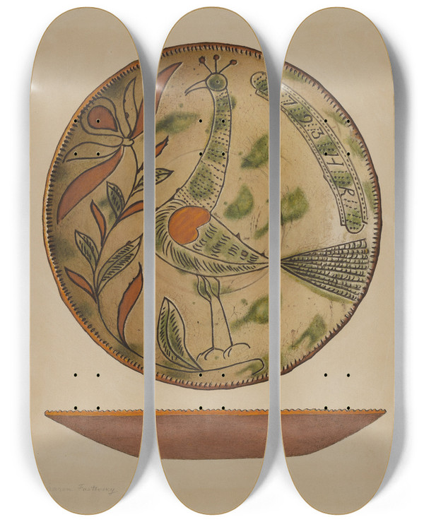 Triptych art skateboard deck of Aaron Fastovsky Pennsylvania German Plate by Aaron Fastovsky