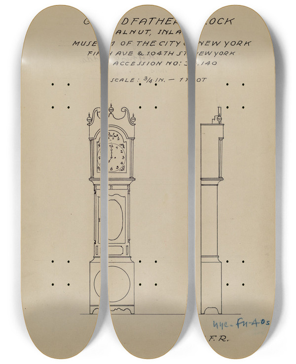 Triptych art skateboard deck of Jf Rust Grandfathers Clock by J.F. Rust
