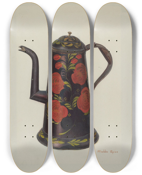 Triptych art skateboard deck of Franklyn Syres Toleware Teapot by Franklyn Syres