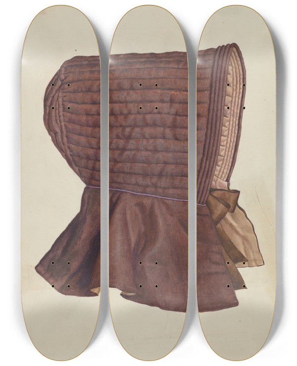 Triptych art skateboard deck of Elizabeth Moutal Shaker Womans Bonnet by Elizabeth Moutal