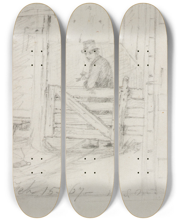 Triptych art skateboard deck of William Sidney Mount Resting On The Fence by William Sidney Mount (1807-1868)