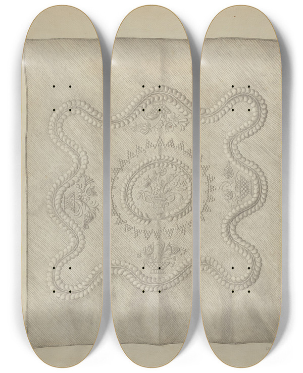 Triptych art skateboard deck of Sylvia De Zon Stuffed Quilt by Sylvia De Zon