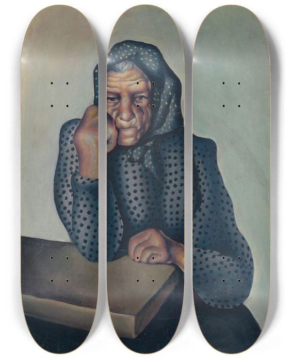 Triptych art skateboard deck of Kontantn Bauer Worry by Konstantin Bauer (1893-1928)
