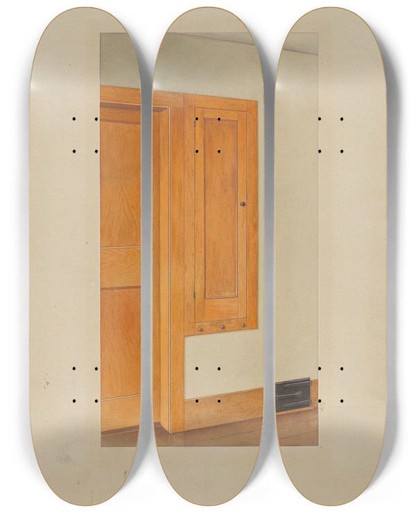 Triptych art skateboard deck of John W Kelleher Shaker Cupboard by John W Kelleher