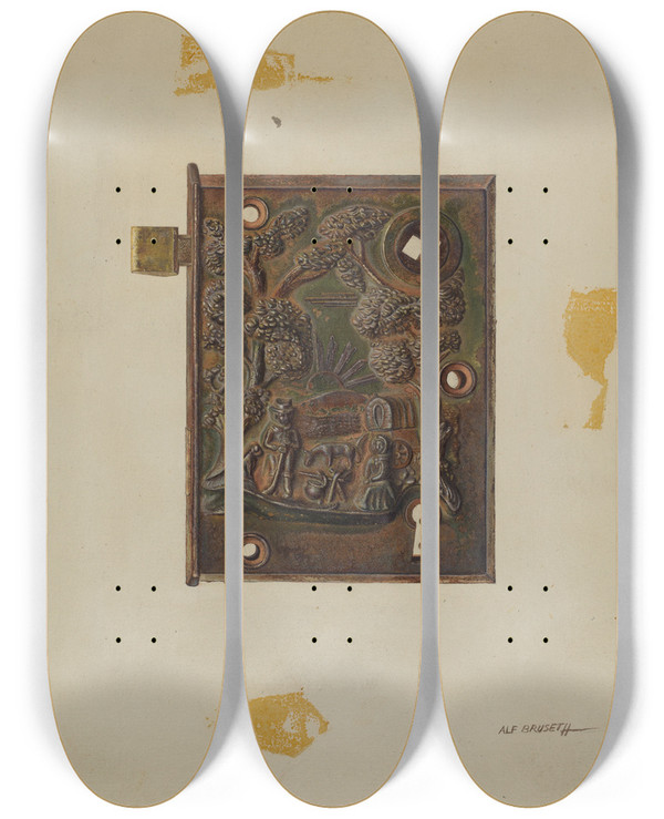 Triptych art skateboard deck of Alf Bruseth Door Lock by Alf Bruseth