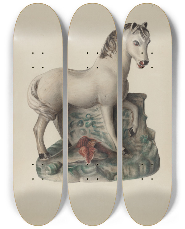 Triptych art skateboard deck of Mina Lowry Chalkware Horse by Mina Lowry (1894-1942)