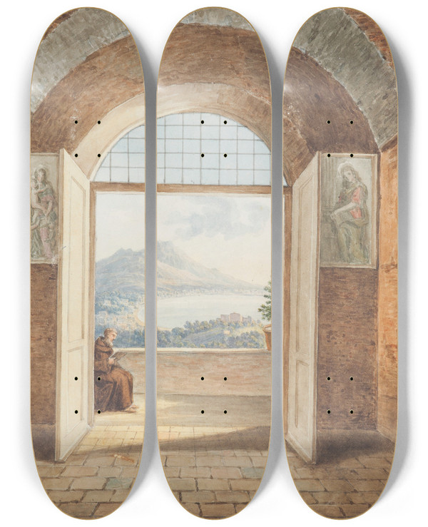 Triptych art skateboard deck of William Brockedon From The Caminidole Convent Near Naples by William Brockedon (1787-1854)
