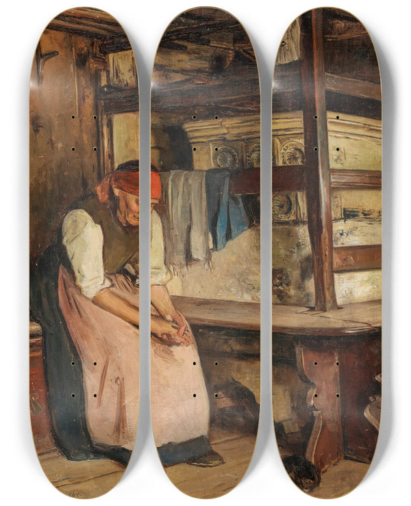 Triptych art skateboard deck of Emil Strecker Am Wrmenden Ofen by Emil Strecker (1841-1925)