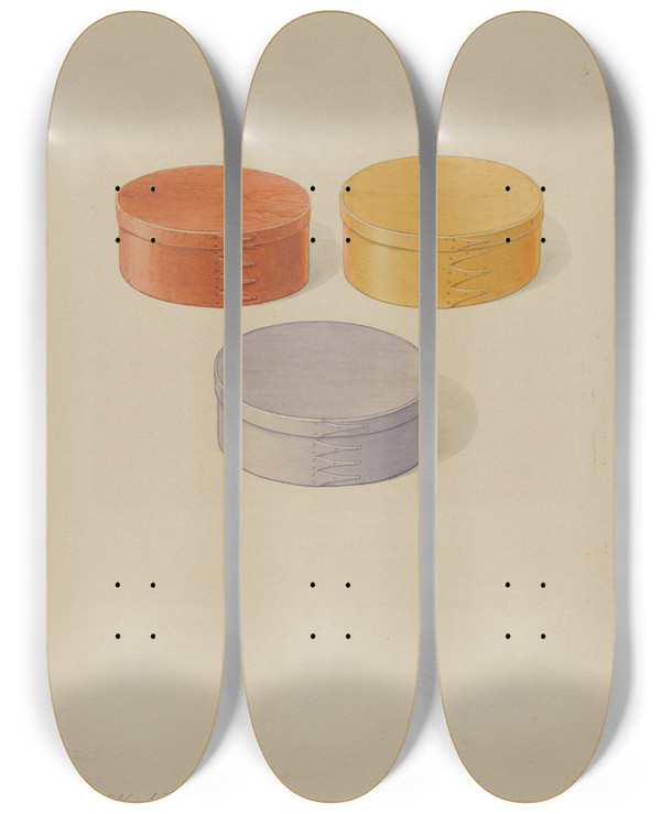 Triptych art skateboard deck of Alfred H Smith Oval Boxes by Alfred H Smith