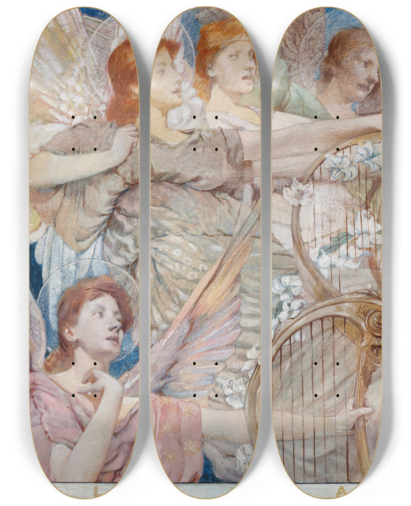 Triptych art skateboard deck of Thomas Wilmer Dewing Gloria by Thomas Wilmer Dewing (1851-1938)