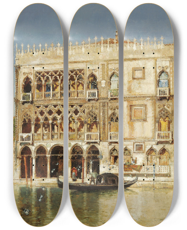 Triptych art skateboard deck of Jos Moreno Carbonero Ca Doro by Jose Moreno Carbonero (1860-1942)