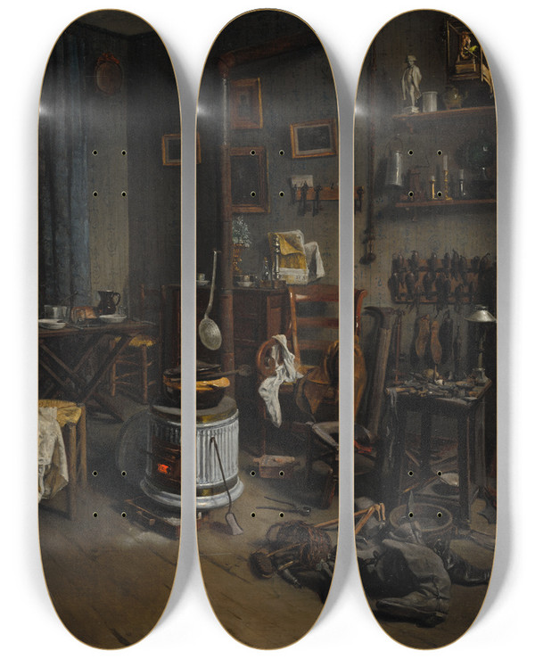 Triptych art skateboard deck of Jeanalphonse Duplessy Cobblers Quarters by Jean-Alphonse Duplessy (1817-1872)