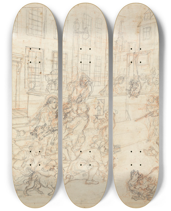 Triptych art skateboard deck of William Hogarth The First Stage Of Cruelty by William Hogarth (1697-1764)