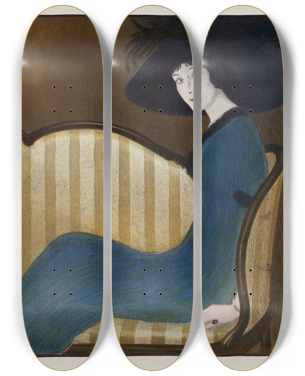 Triptych art skateboard deck of William Ely Hill Why Worry About Mona Lisa by William Ely Hill (1887-1962)