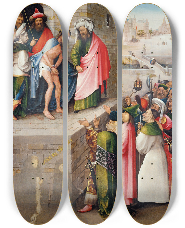 Triptych art skateboard deck of Hieronymus Bosch Ecce Homo by Hieronymus Bosch (1450-1516)